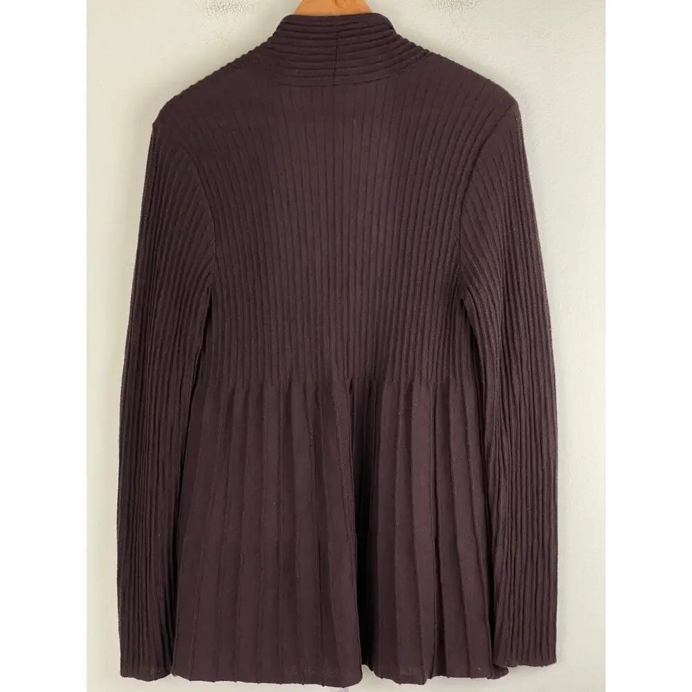 Eileen Fisher Ribbed Wool Open Cardigan Espresso Brown Medium